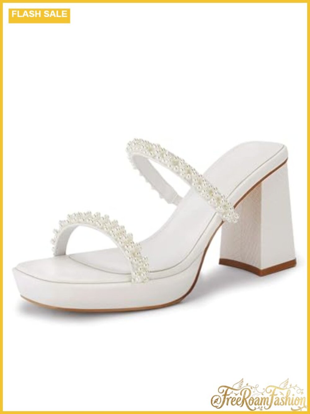 Coutgo Women's Platform Chunky High Heels Square Open Toe Strappy Pearl Slides